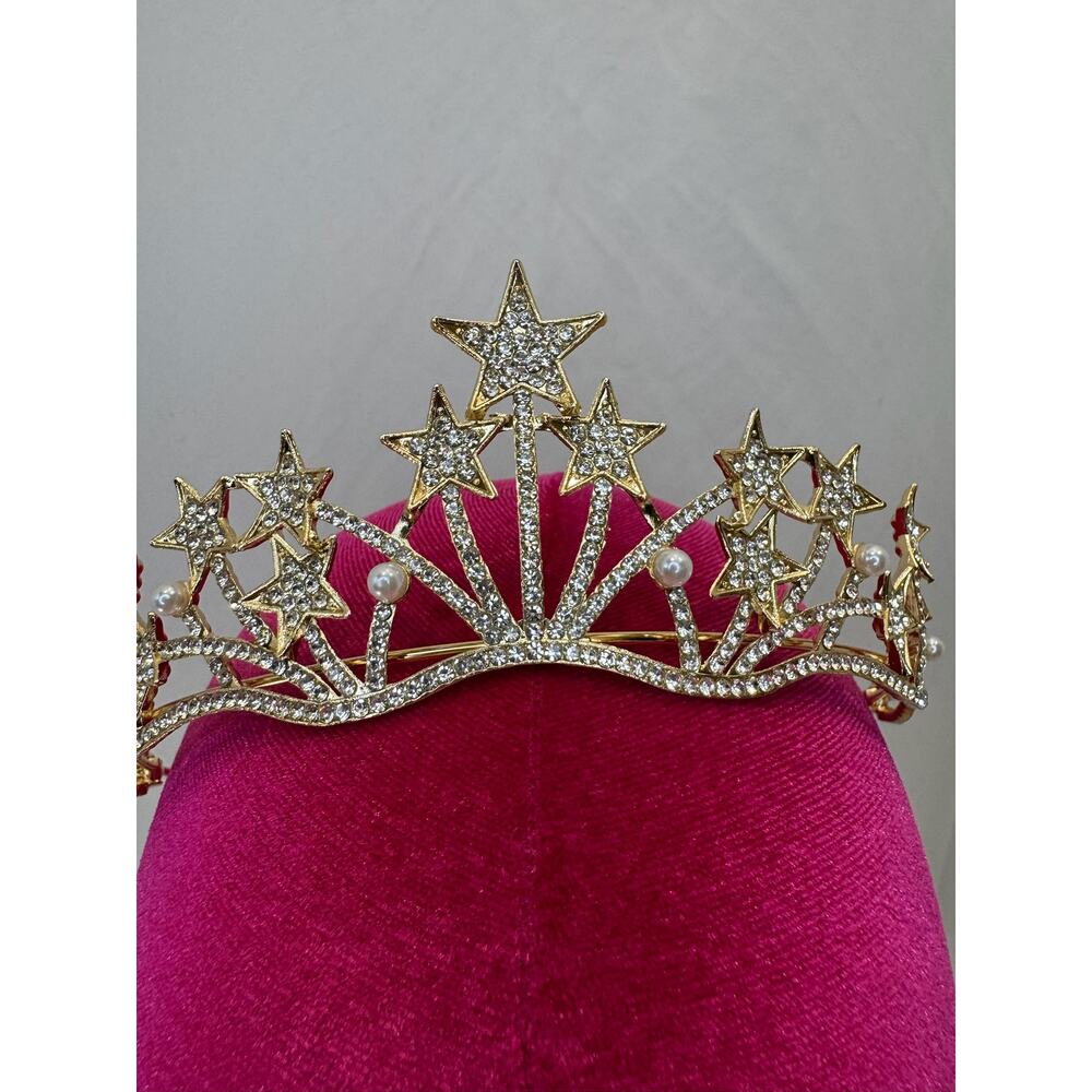 Stunning Star-Studded Gold Tiara with Rhinestones and Pearls - Brand New